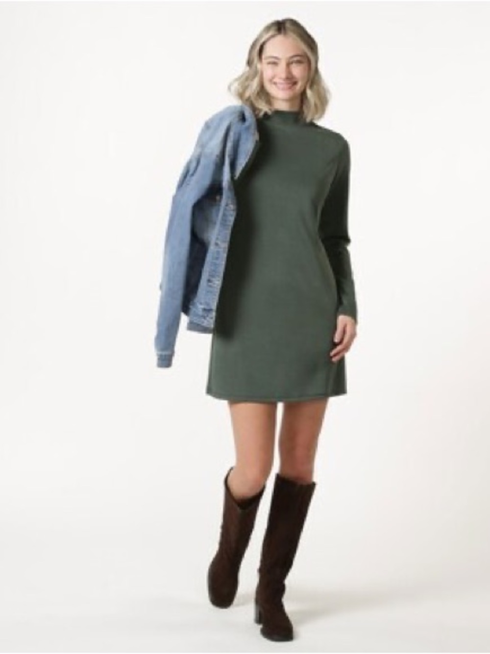 Green Faux Suede Long Sleeve Dress